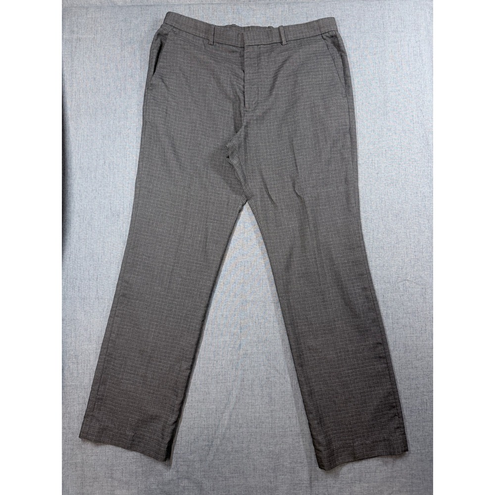 Perry Ellis Mens Gray Micro Grid Dress Pants 34x32 Flat Front 43HB7305